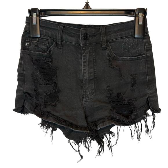 Kancan Black Distressed Shorts 25 Womens Raw Hem Denim High Rise Split Hem - Picture 1 of 6